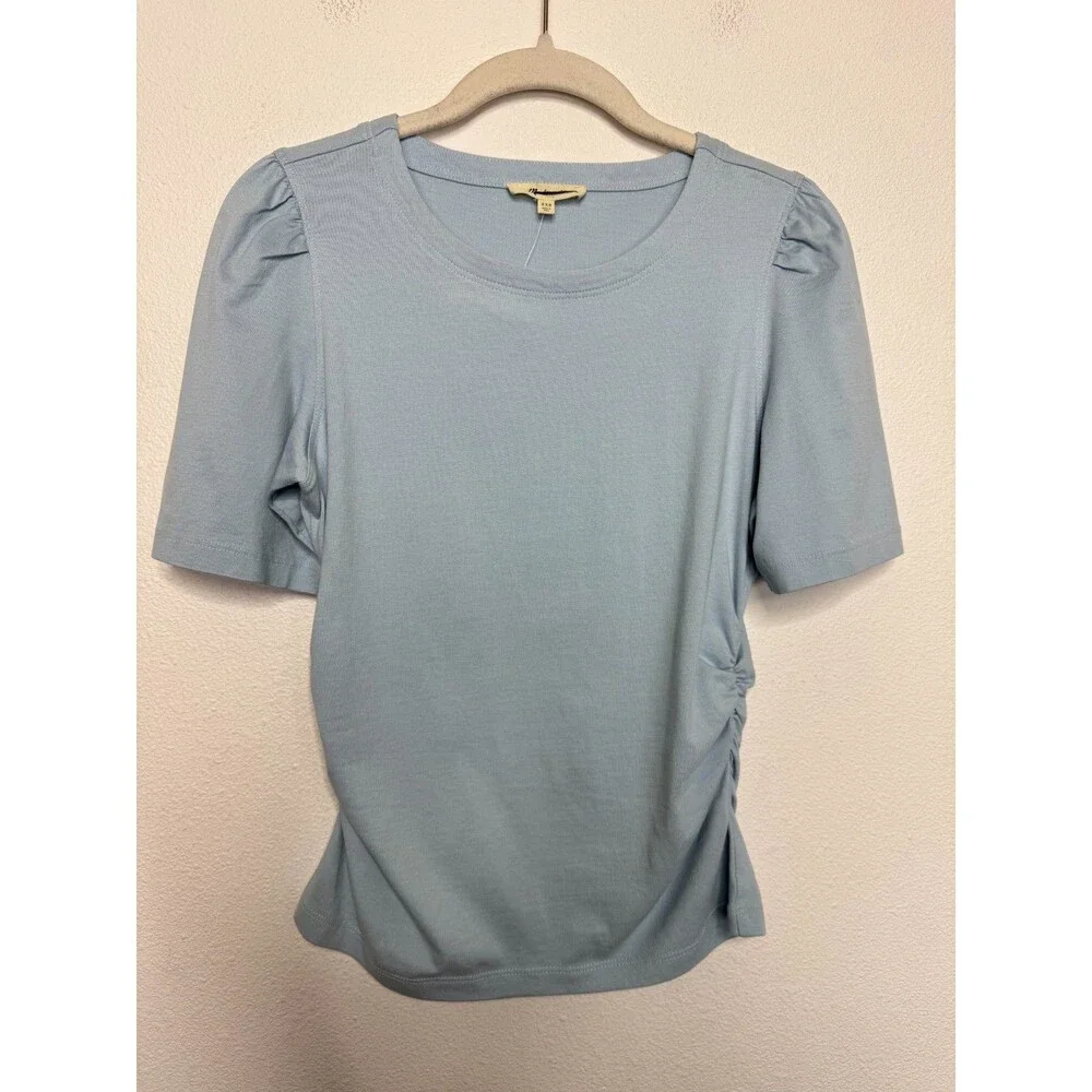 Madewell XXS Side Cinch Puff Sleeve Tee Feather Blue Cotton Slim Fit NWT